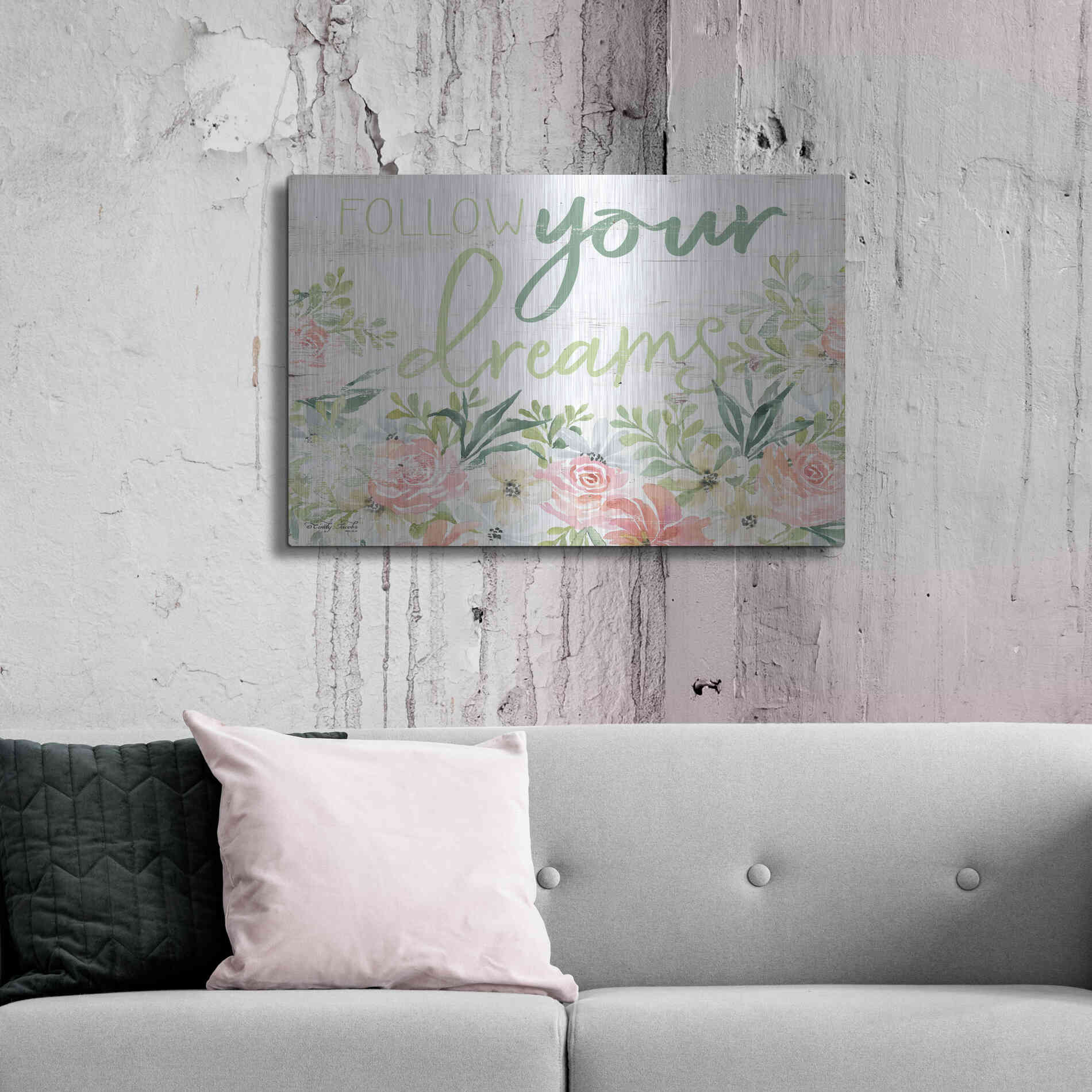 Luxe Metal Art 'Floral Follow Your Dreams' by Cindy Jacobs, Metal Wall Art,36x24