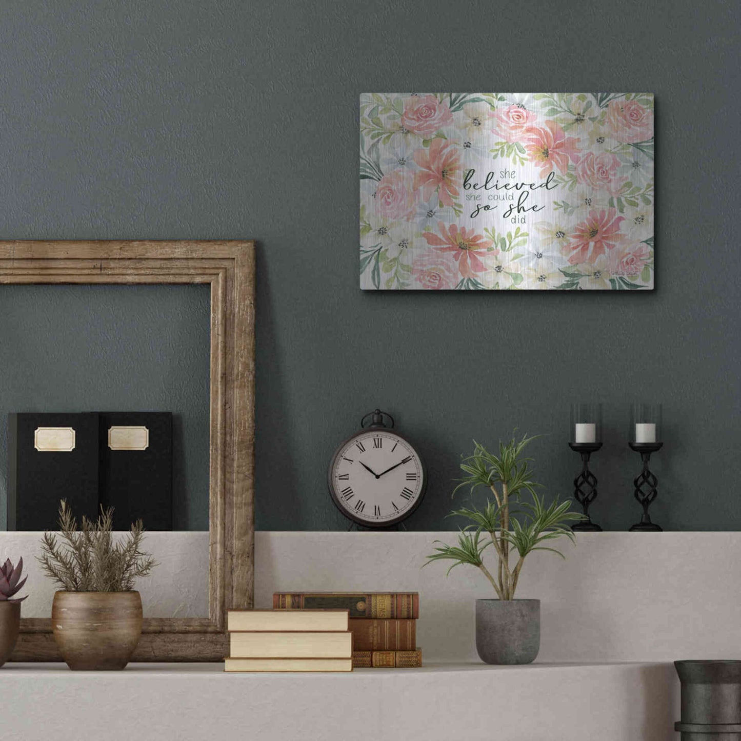 Luxe Metal Art 'Floral She Believed' by Cindy Jacobs, Metal Wall Art,16x12