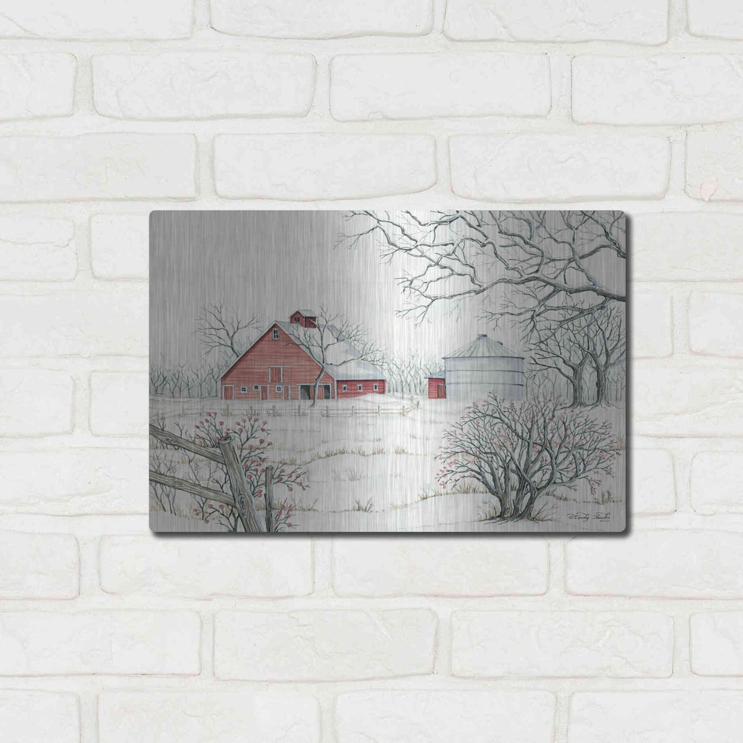 Luxe Metal Art 'Winter Barn' by Cindy Jacobs, Metal Wall Art,16x12