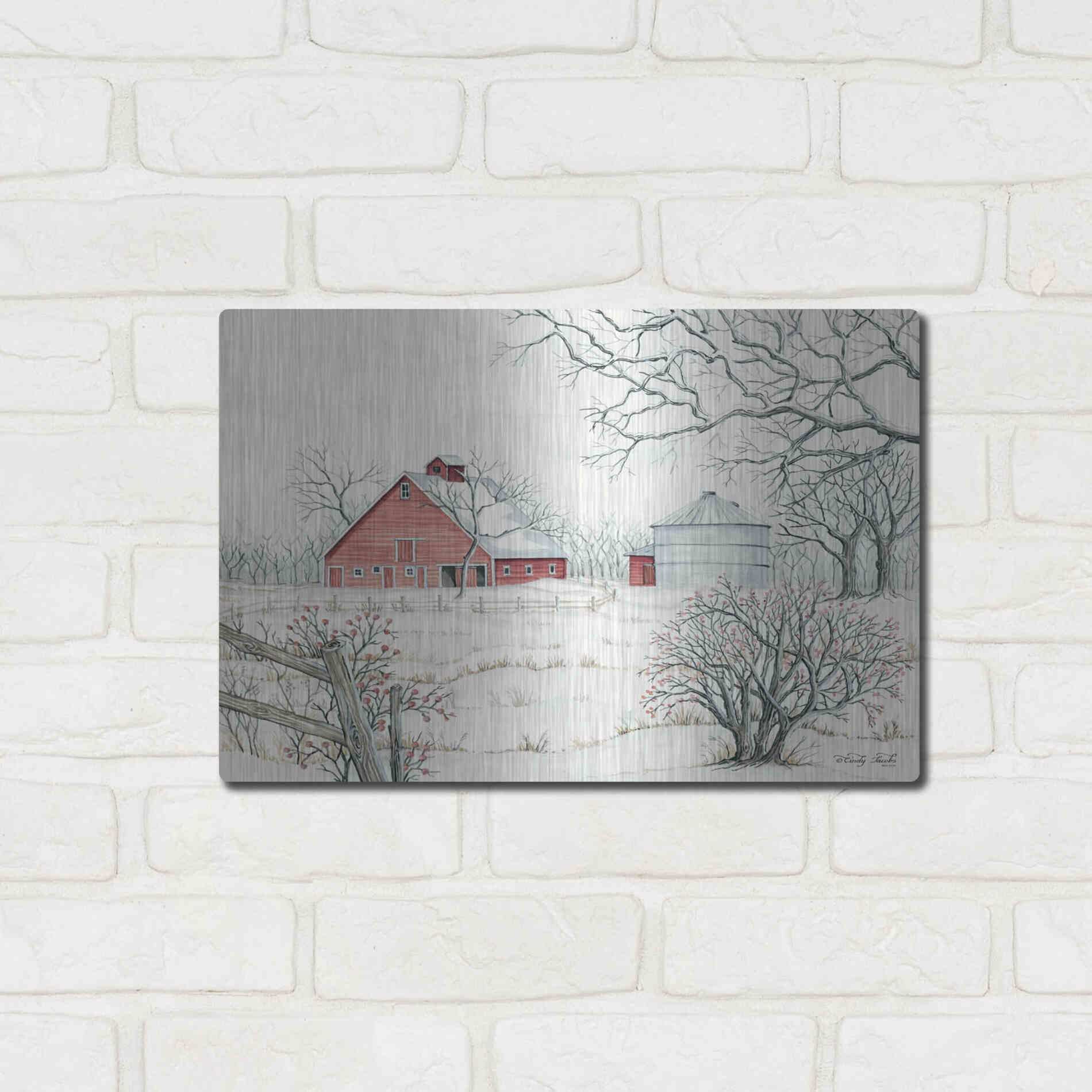 Luxe Metal Art 'Winter Barn' by Cindy Jacobs, Metal Wall Art,16x12