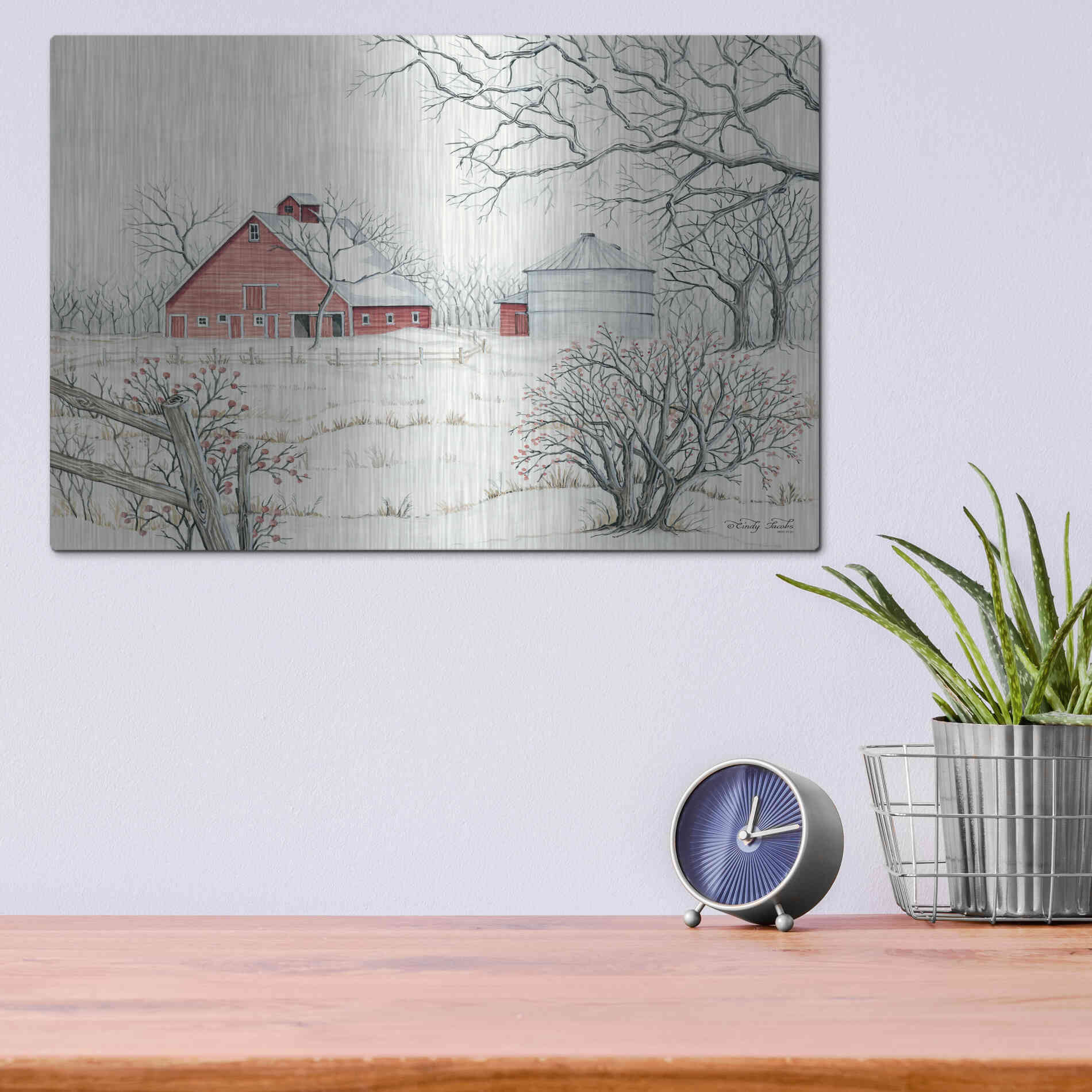 Luxe Metal Art 'Winter Barn' by Cindy Jacobs, Metal Wall Art,16x12