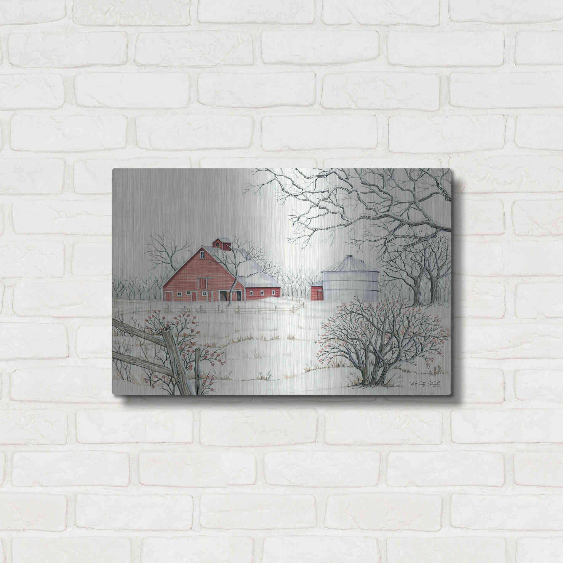 Luxe Metal Art 'Winter Barn' by Cindy Jacobs, Metal Wall Art,24x16