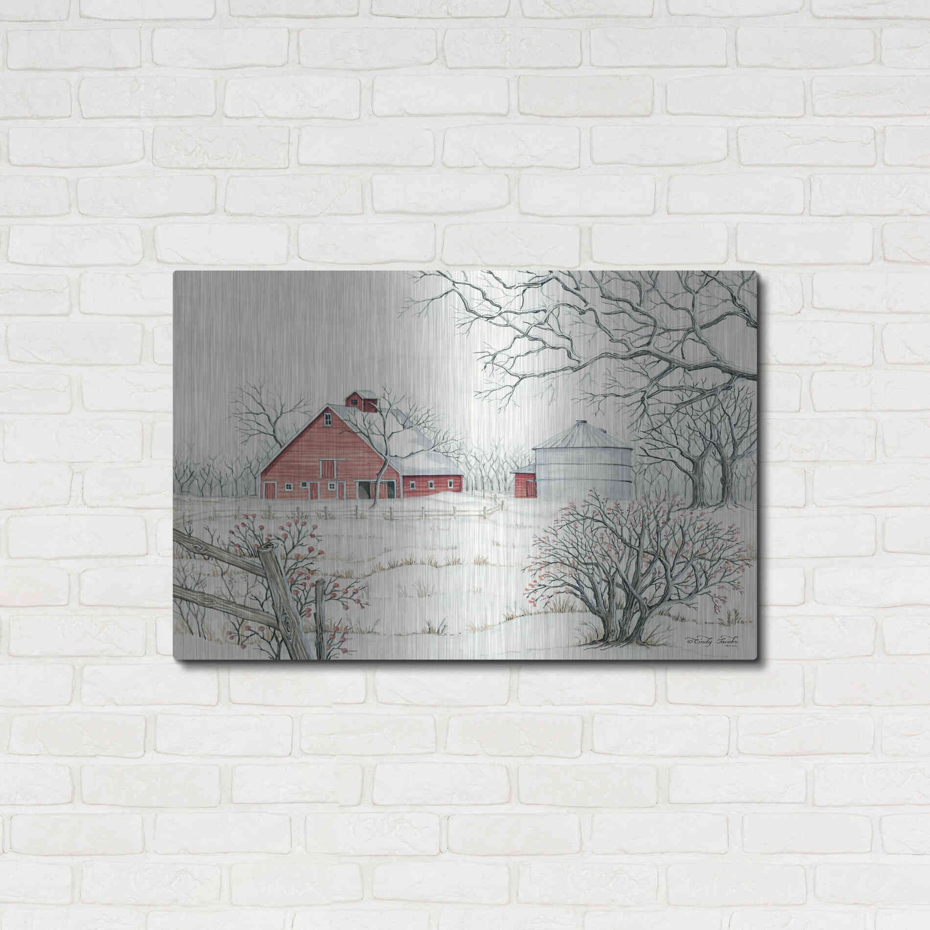 Luxe Metal Art 'Winter Barn' by Cindy Jacobs, Metal Wall Art,36x24