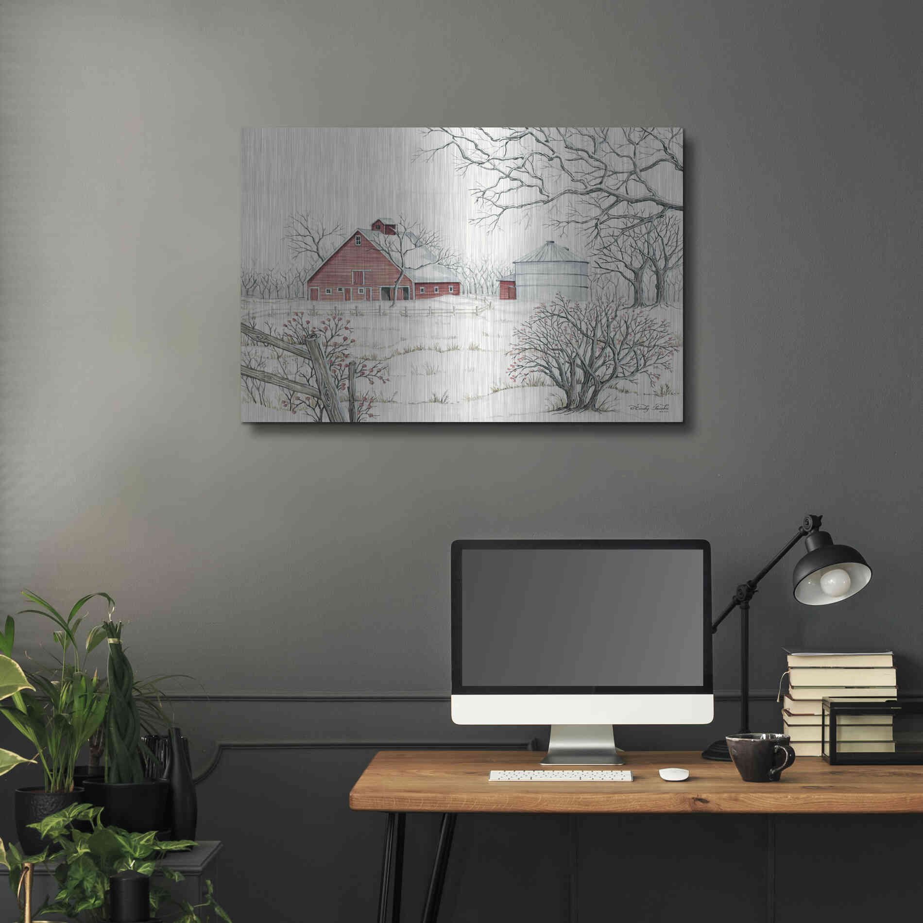 Luxe Metal Art 'Winter Barn' by Cindy Jacobs, Metal Wall Art,36x24