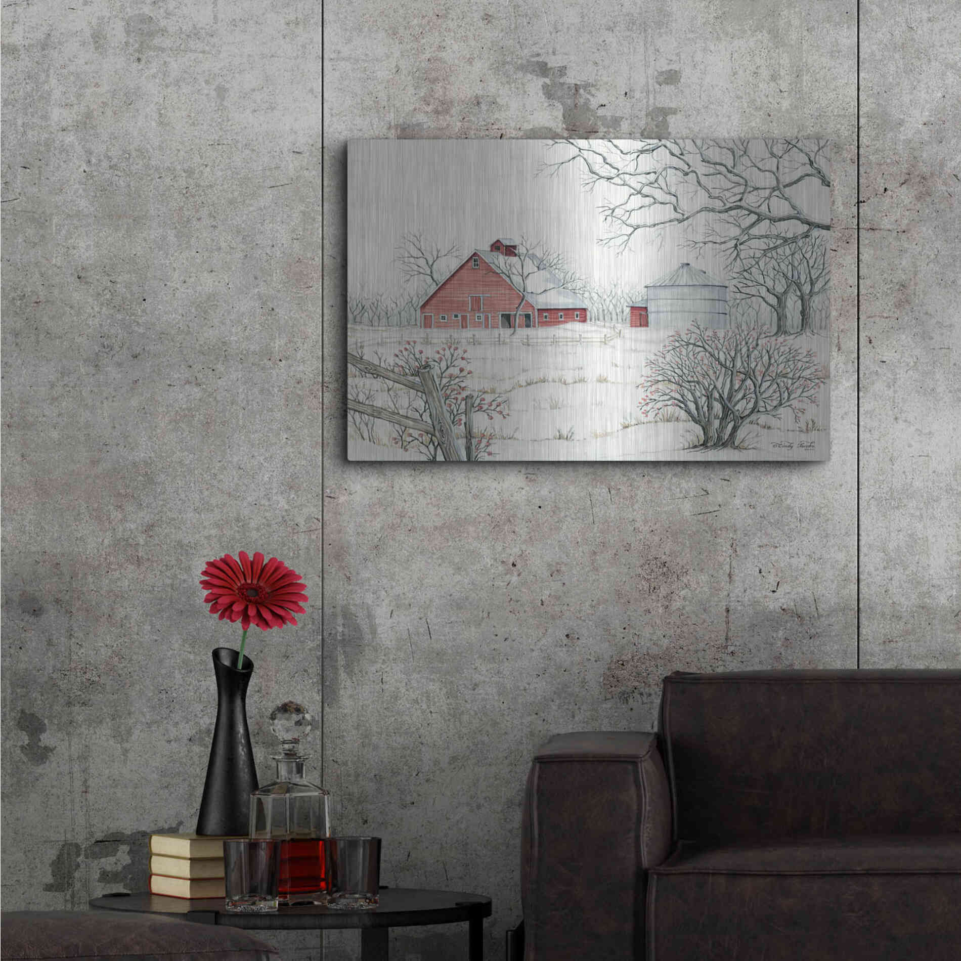 Luxe Metal Art 'Winter Barn' by Cindy Jacobs, Metal Wall Art,36x24