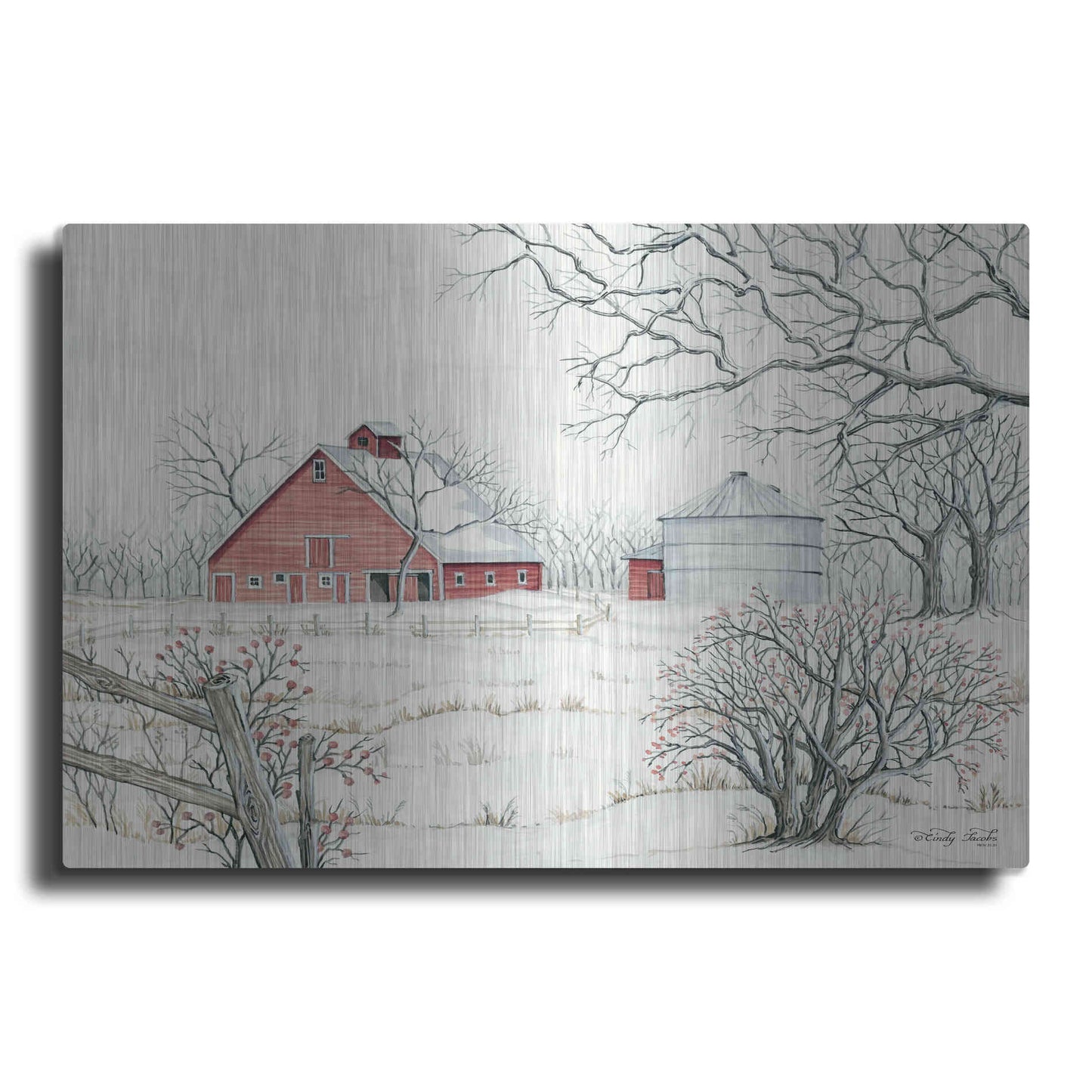 Luxe Metal Art 'Winter Barn' by Cindy Jacobs, Metal Wall Art