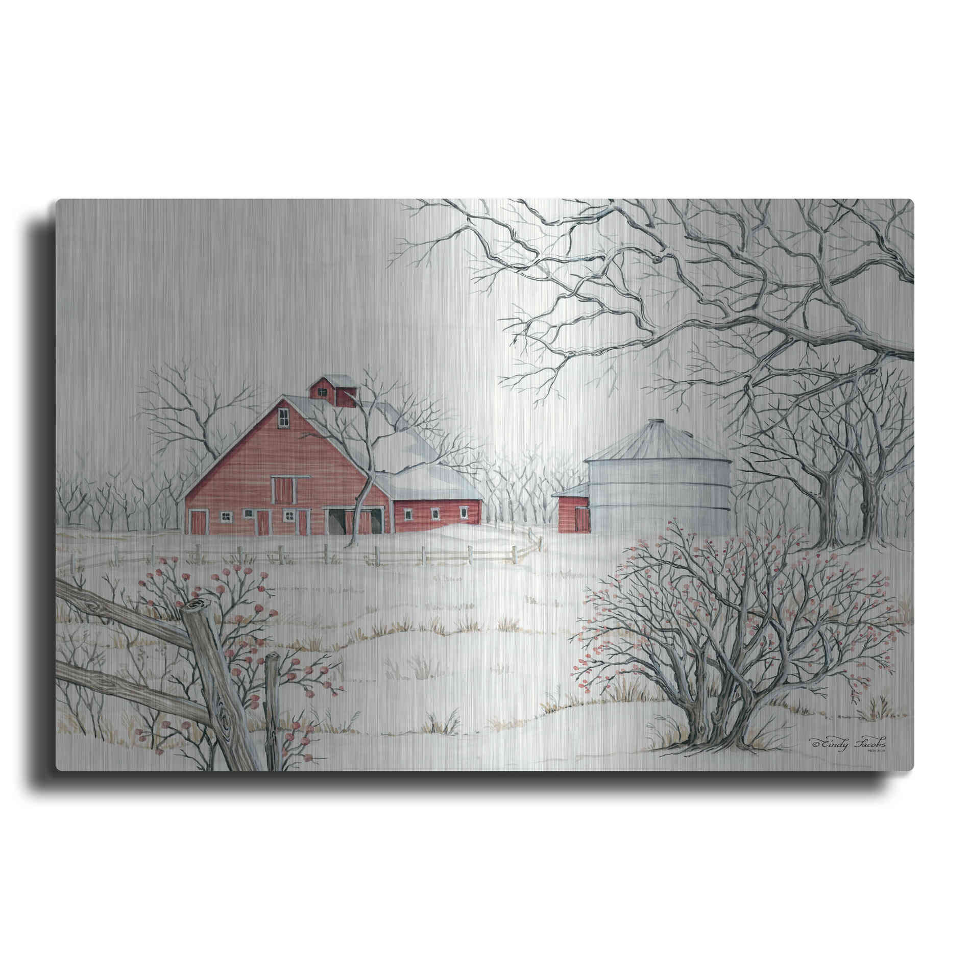 Luxe Metal Art 'Winter Barn' by Cindy Jacobs, Metal Wall Art