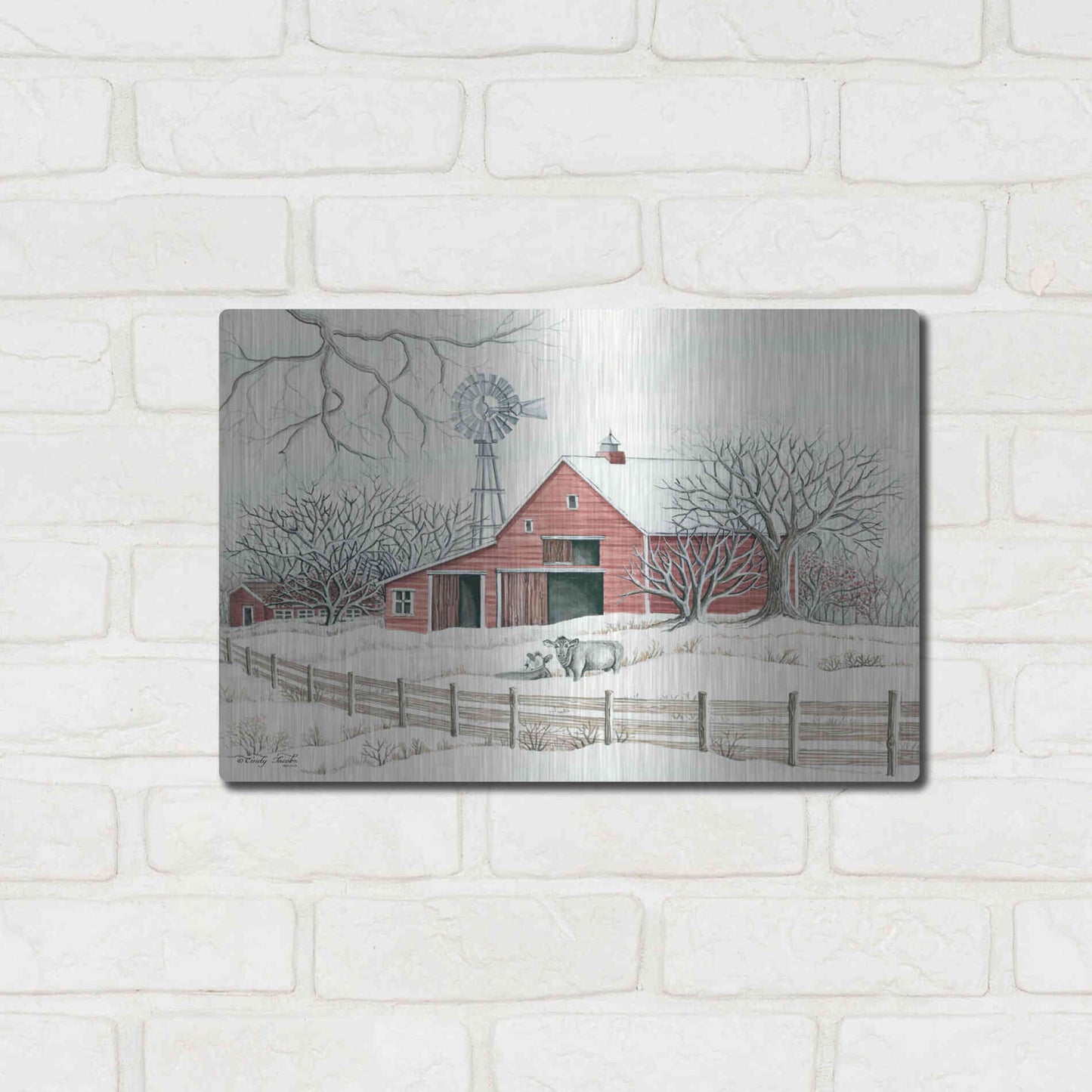 Luxe Metal Art 'Winter Barn with Windmill' by Cindy Jacobs, Metal Wall Art,16x12