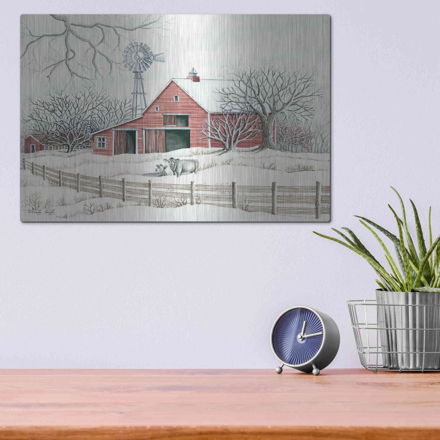 Luxe Metal Art 'Winter Barn with Windmill' by Cindy Jacobs, Metal Wall Art,16x12