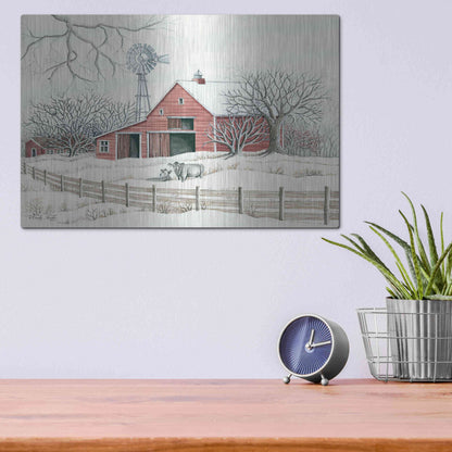 Luxe Metal Art 'Winter Barn with Windmill' by Cindy Jacobs, Metal Wall Art,16x12