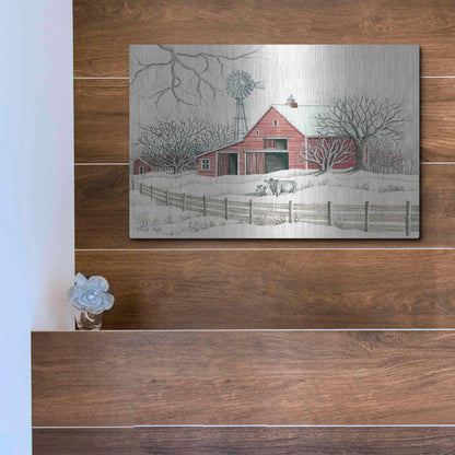 Luxe Metal Art 'Winter Barn with Windmill' by Cindy Jacobs, Metal Wall Art,16x12