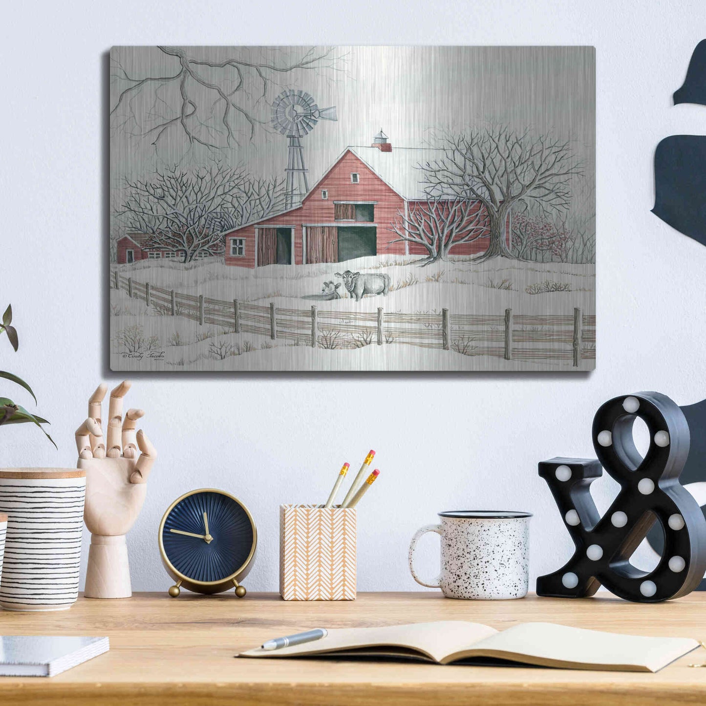 Luxe Metal Art 'Winter Barn with Windmill' by Cindy Jacobs, Metal Wall Art,16x12