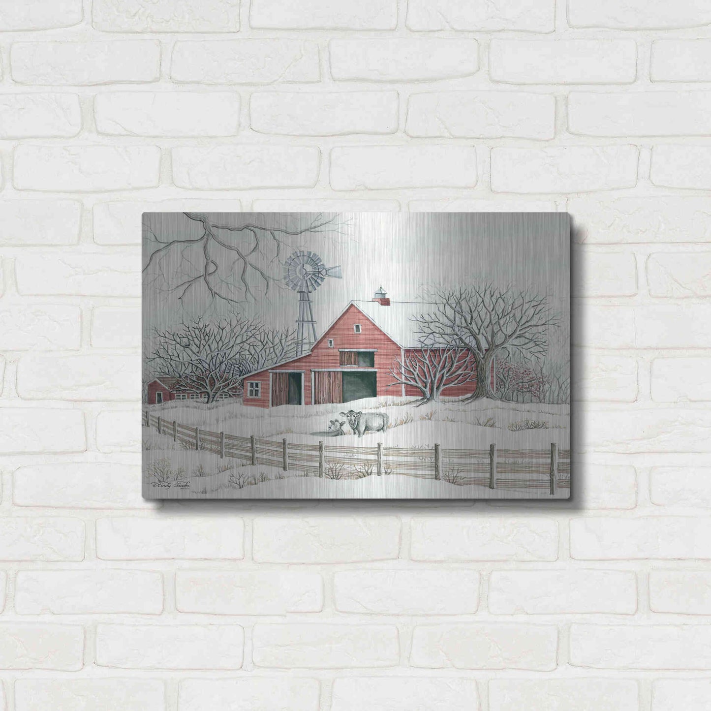 Luxe Metal Art 'Winter Barn with Windmill' by Cindy Jacobs, Metal Wall Art,24x16
