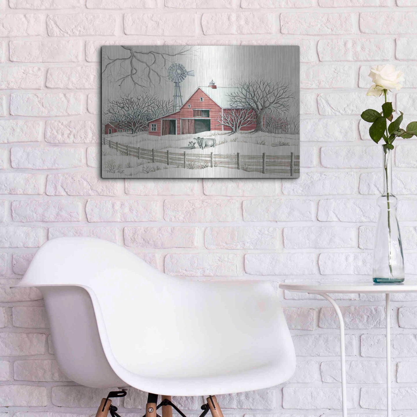 Luxe Metal Art 'Winter Barn with Windmill' by Cindy Jacobs, Metal Wall Art,24x16