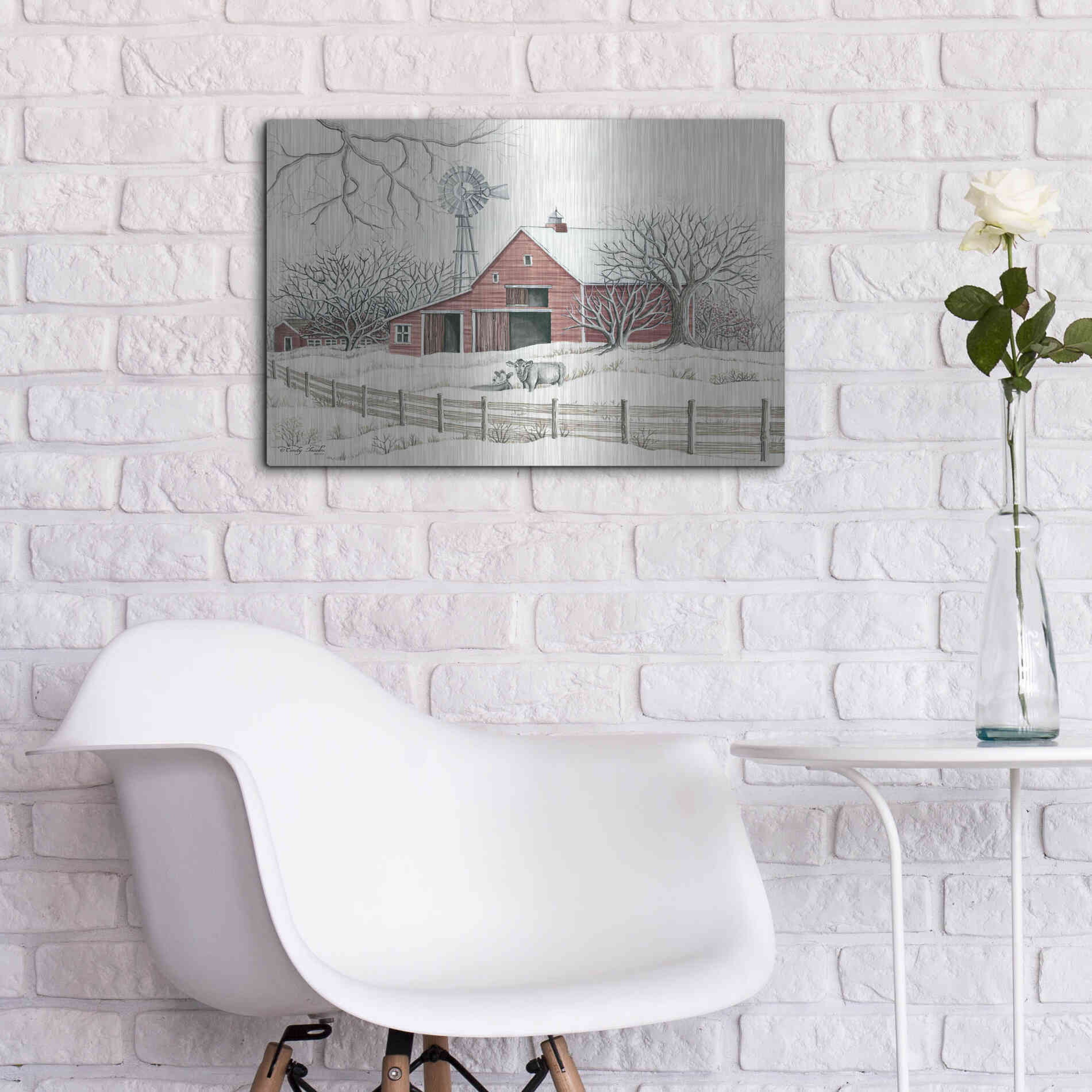 Luxe Metal Art 'Winter Barn with Windmill' by Cindy Jacobs, Metal Wall Art,24x16