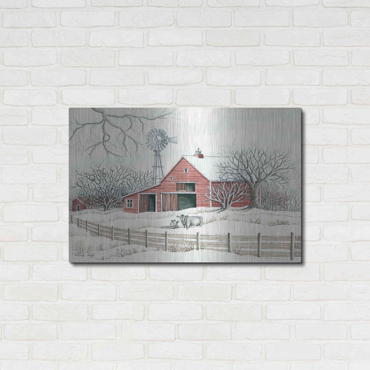 Luxe Metal Art 'Winter Barn with Windmill' by Cindy Jacobs, Metal Wall Art,36x24