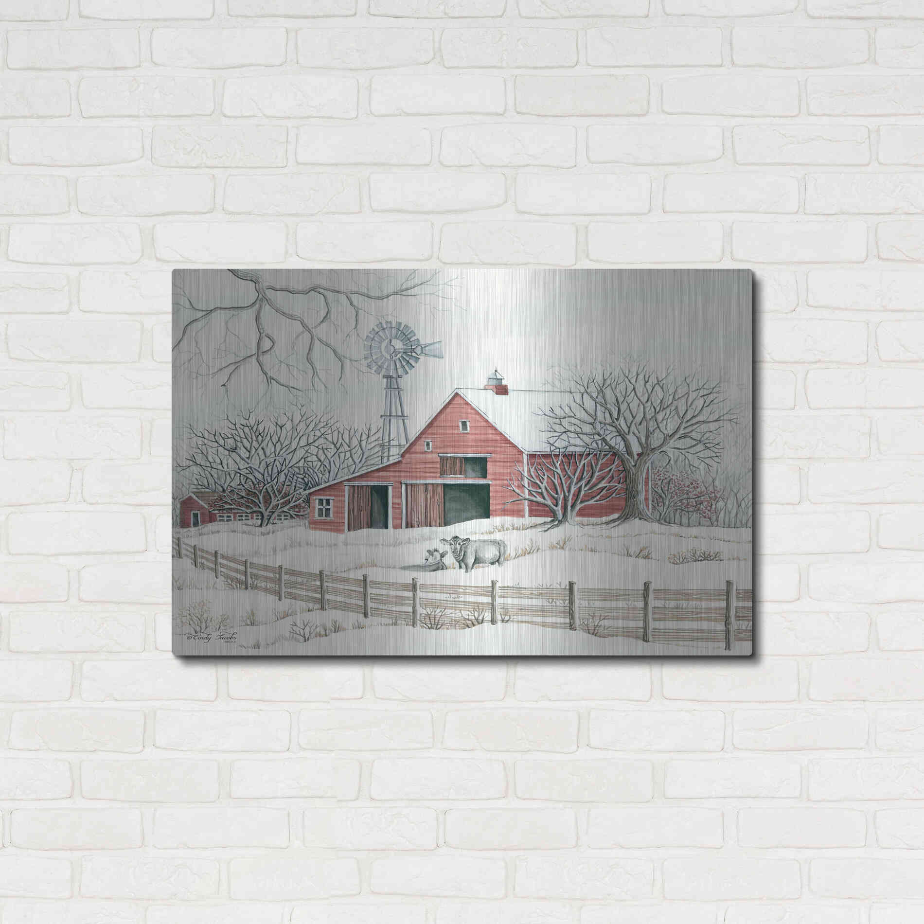 Luxe Metal Art 'Winter Barn with Windmill' by Cindy Jacobs, Metal Wall Art,36x24