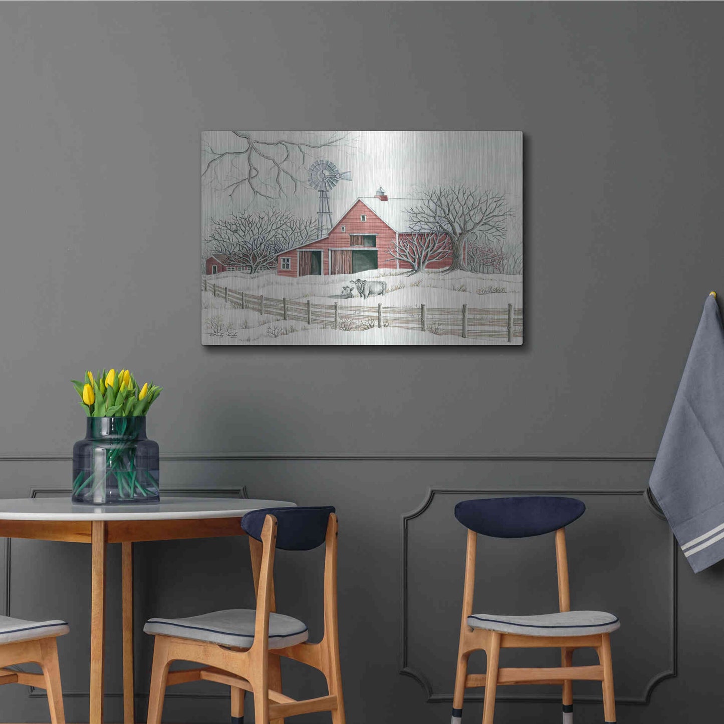 Luxe Metal Art 'Winter Barn with Windmill' by Cindy Jacobs, Metal Wall Art,36x24