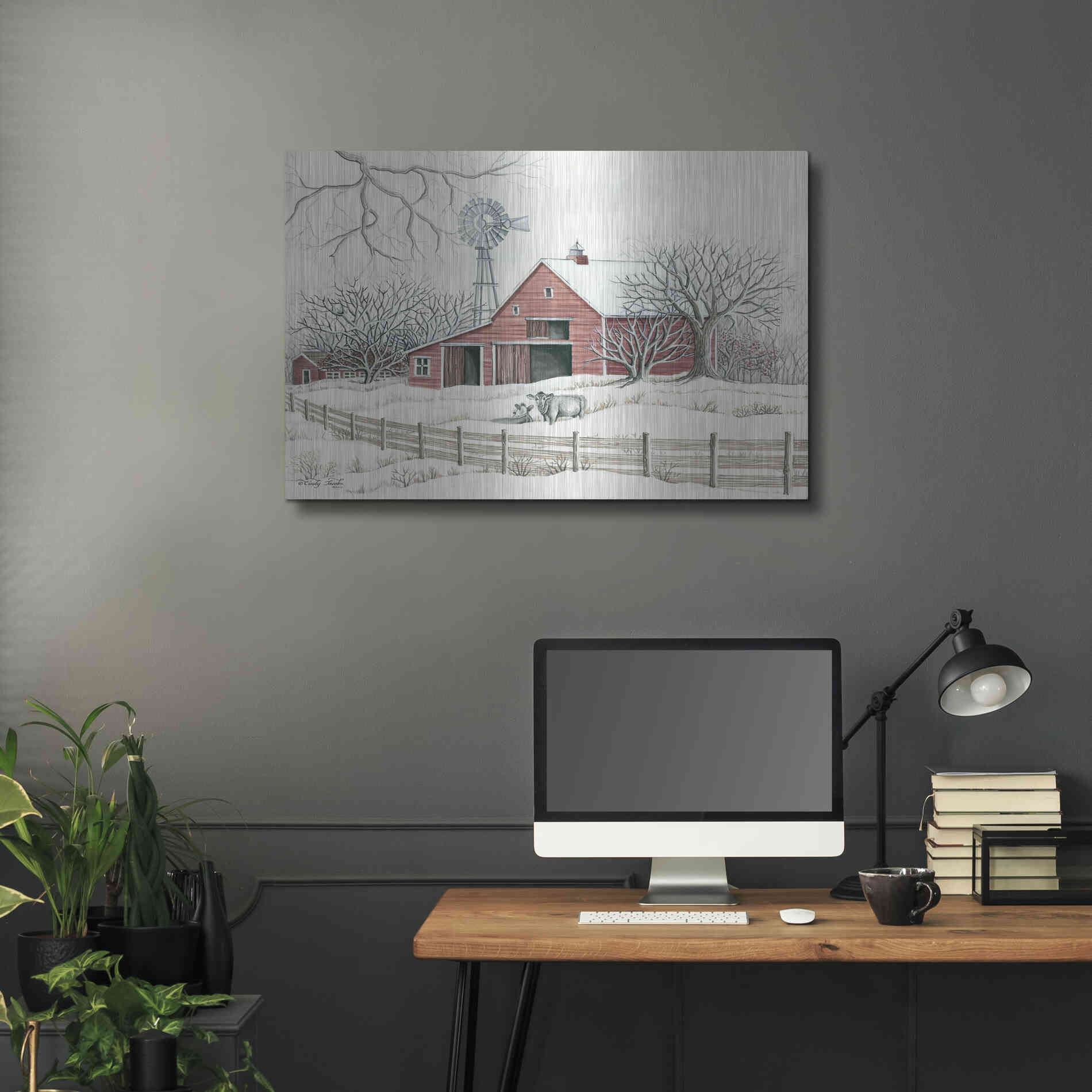 Luxe Metal Art 'Winter Barn with Windmill' by Cindy Jacobs, Metal Wall Art,36x24