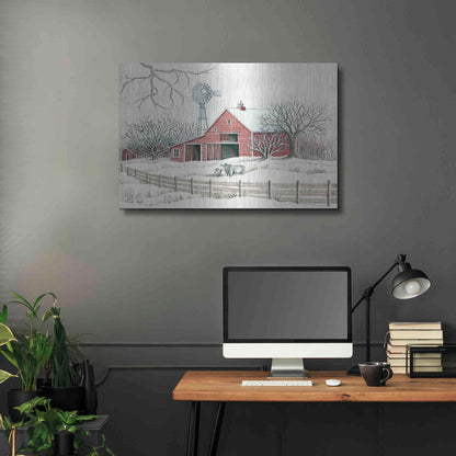 Luxe Metal Art 'Winter Barn with Windmill' by Cindy Jacobs, Metal Wall Art,36x24