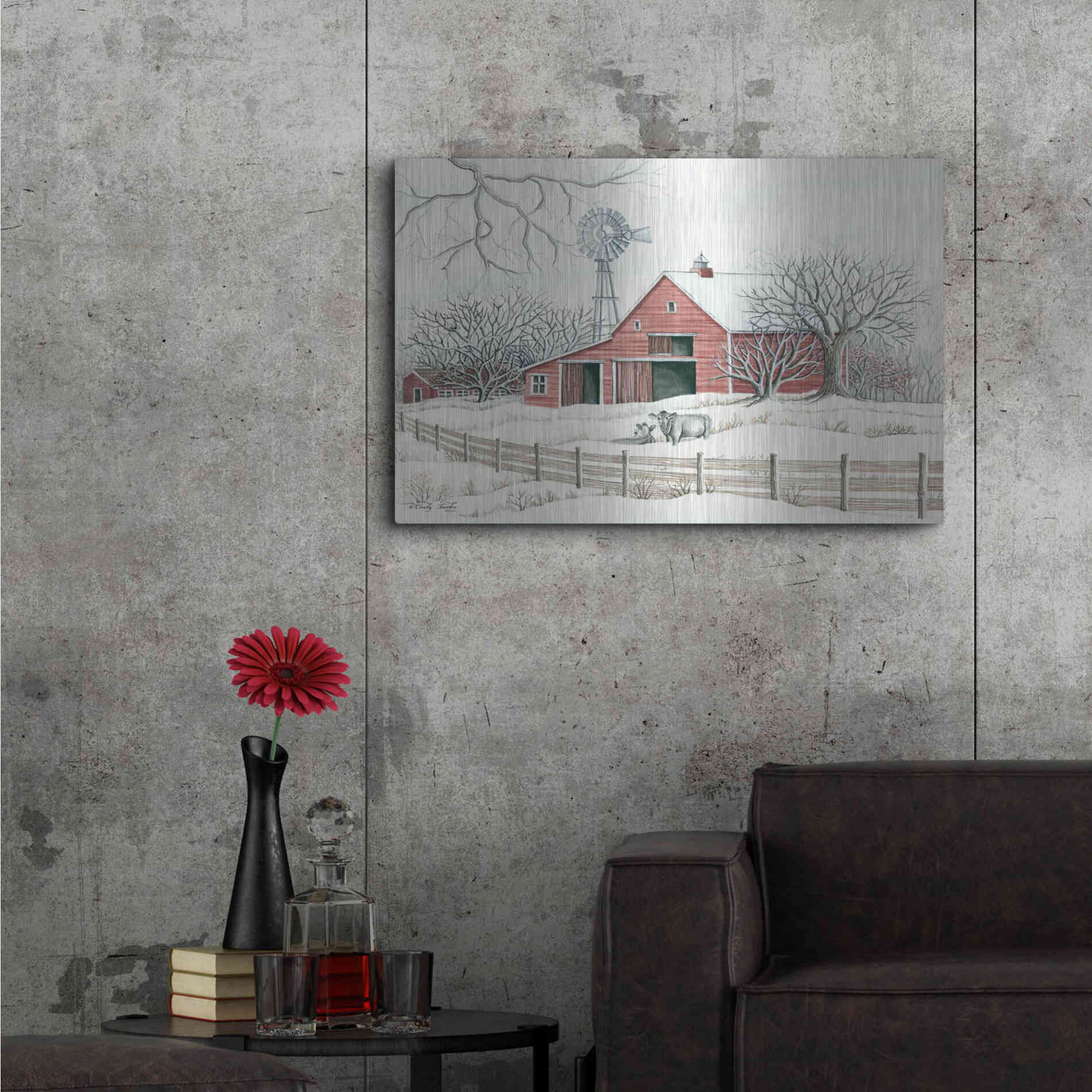 Luxe Metal Art 'Winter Barn with Windmill' by Cindy Jacobs, Metal Wall Art,36x24