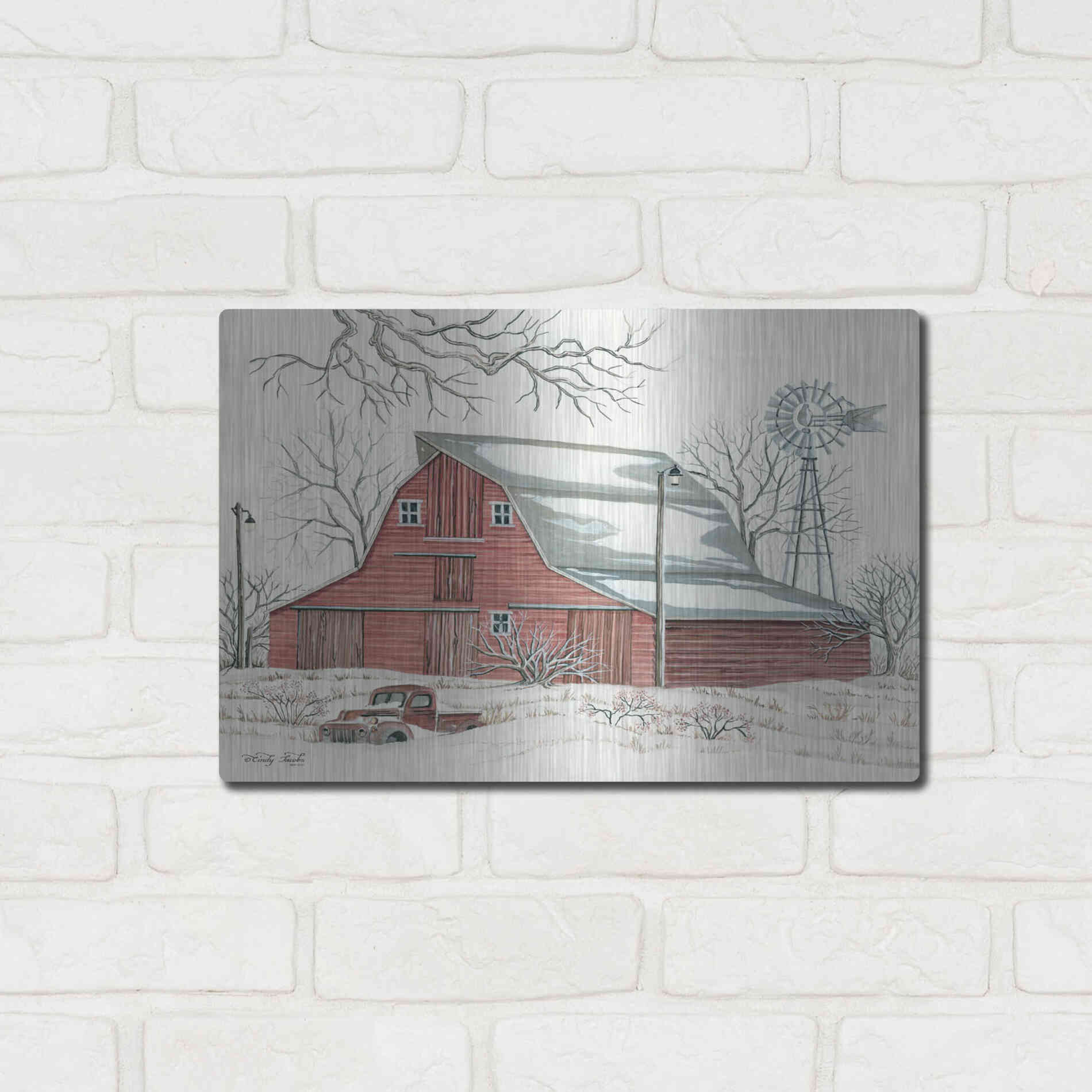 Luxe Metal Art 'Winter Barn with Pickup Truck' by Cindy Jacobs, Metal Wall Art,16x12