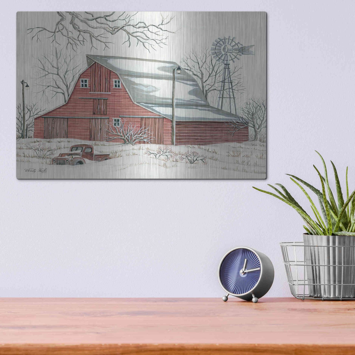 Luxe Metal Art 'Winter Barn with Pickup Truck' by Cindy Jacobs, Metal Wall Art,16x12