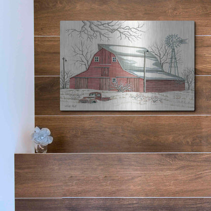 Luxe Metal Art 'Winter Barn with Pickup Truck' by Cindy Jacobs, Metal Wall Art,16x12