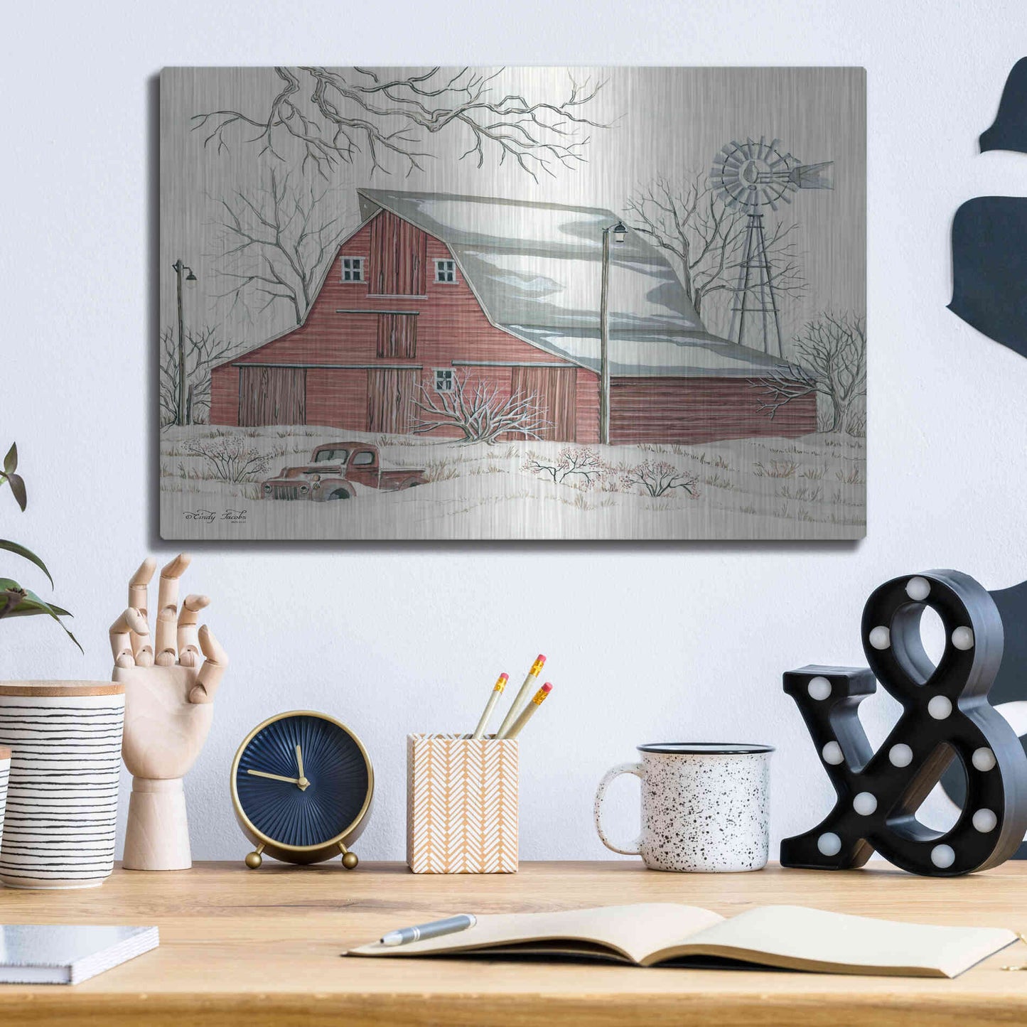 Luxe Metal Art 'Winter Barn with Pickup Truck' by Cindy Jacobs, Metal Wall Art,16x12