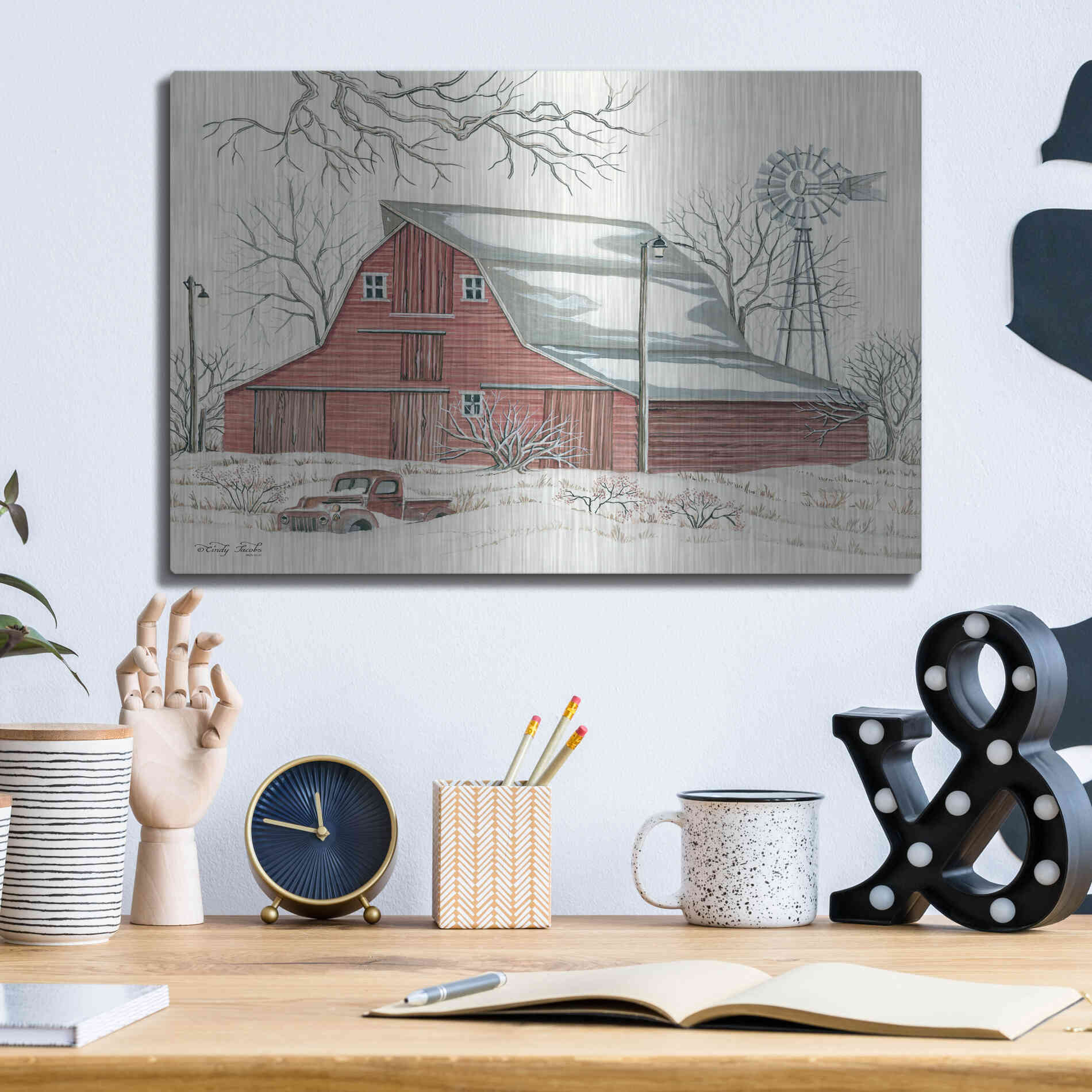 Luxe Metal Art 'Winter Barn with Pickup Truck' by Cindy Jacobs, Metal Wall Art,16x12