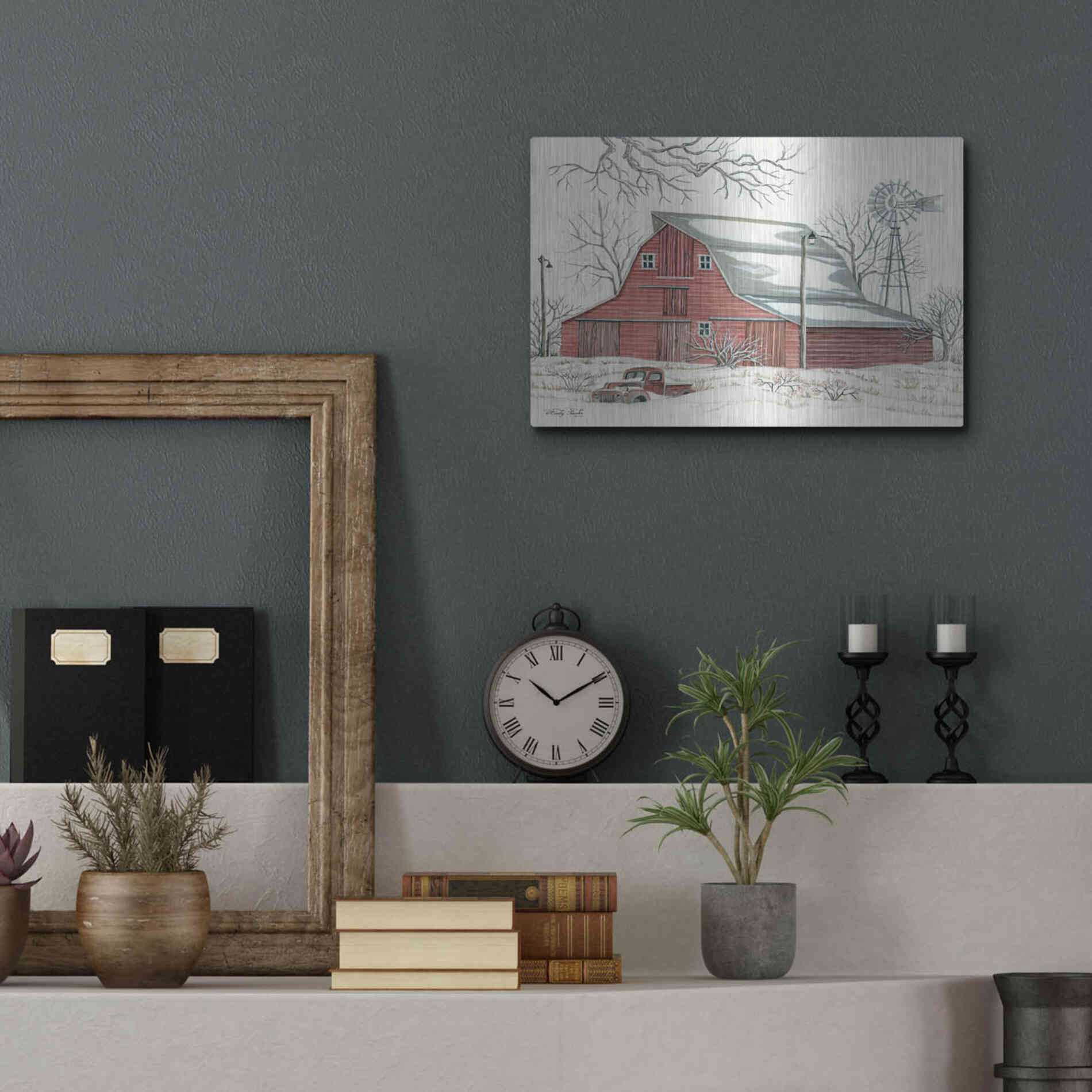 Luxe Metal Art 'Winter Barn with Pickup Truck' by Cindy Jacobs, Metal Wall Art,16x12