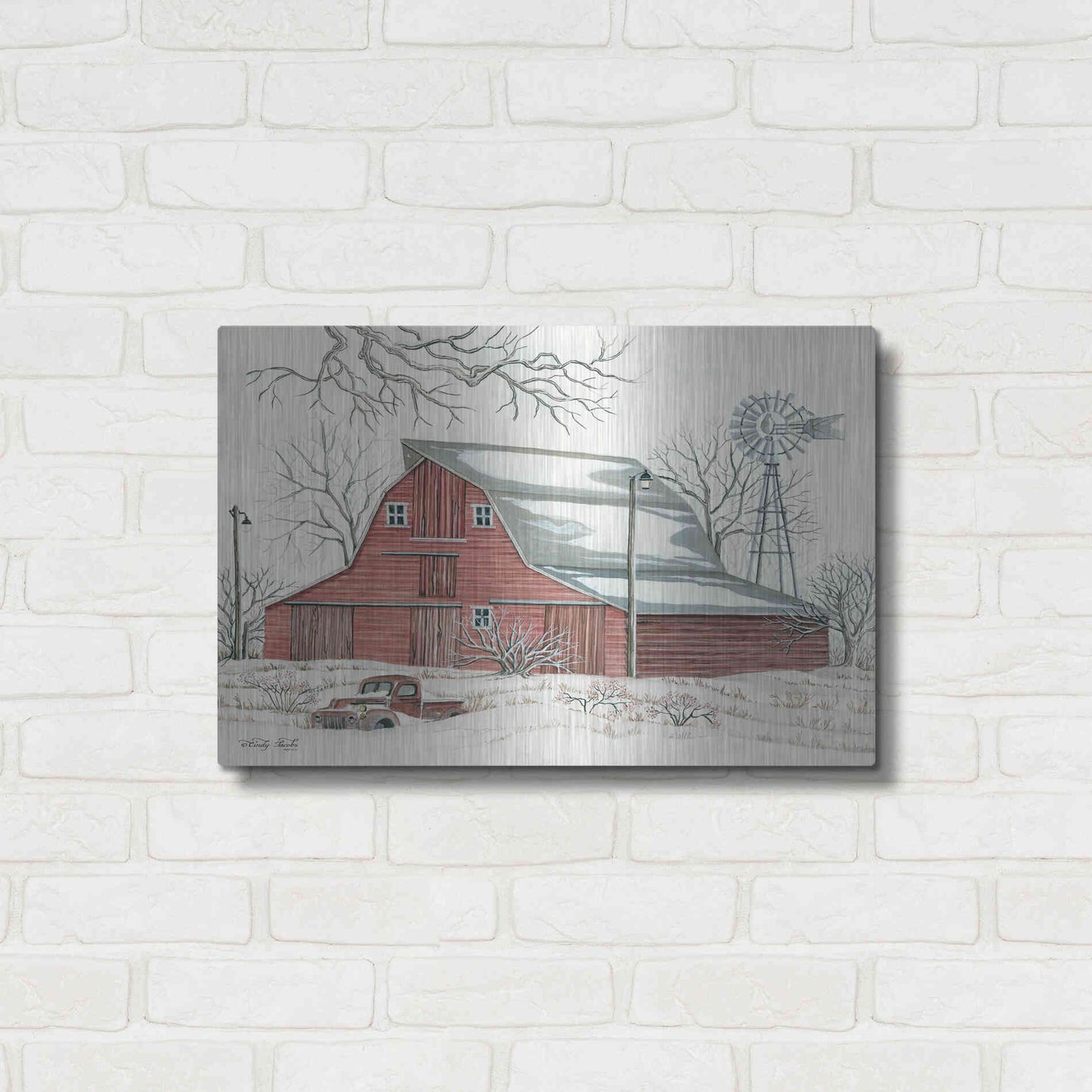 Luxe Metal Art 'Winter Barn with Pickup Truck' by Cindy Jacobs, Metal Wall Art,24x16