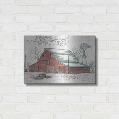 Luxe Metal Art 'Winter Barn with Pickup Truck' by Cindy Jacobs, Metal Wall Art,24x16
