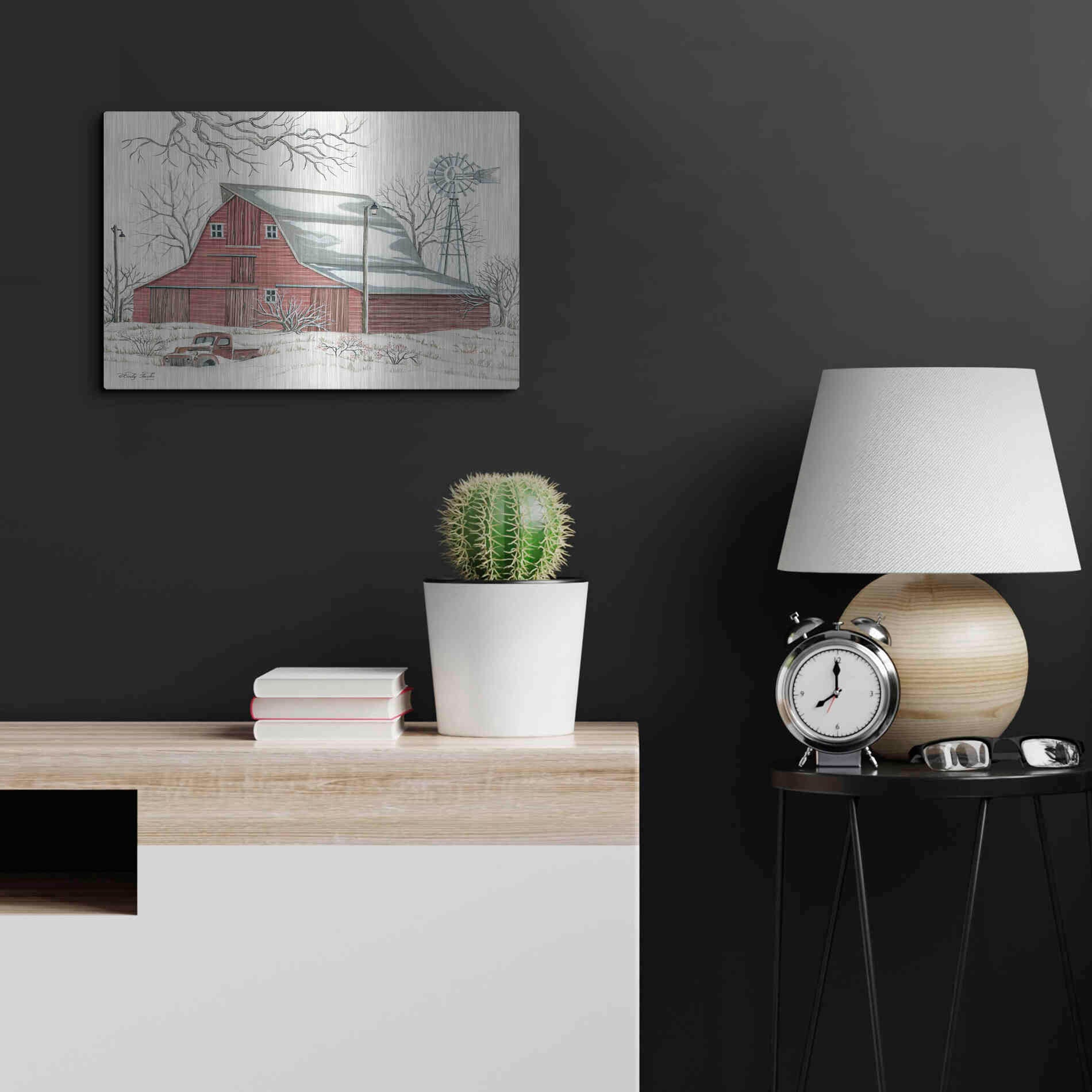 Luxe Metal Art 'Winter Barn with Pickup Truck' by Cindy Jacobs, Metal Wall Art,24x16