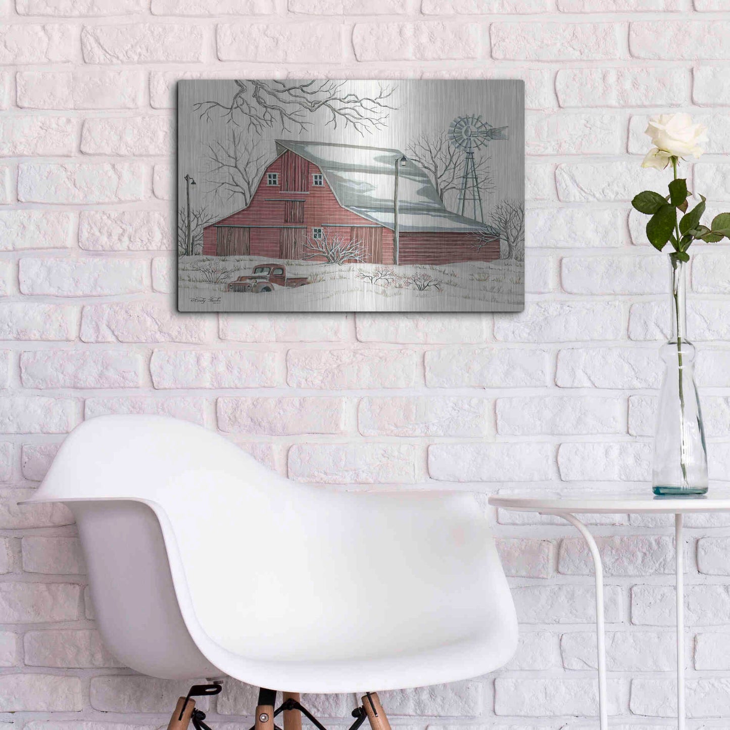 Luxe Metal Art 'Winter Barn with Pickup Truck' by Cindy Jacobs, Metal Wall Art,24x16
