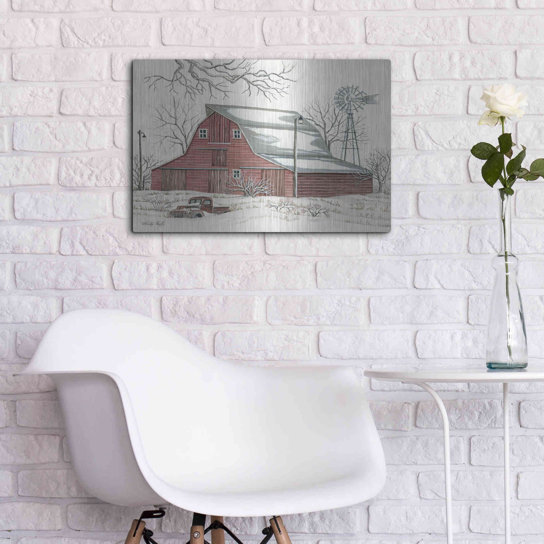 Luxe Metal Art 'Winter Barn with Pickup Truck' by Cindy Jacobs, Metal Wall Art,24x16