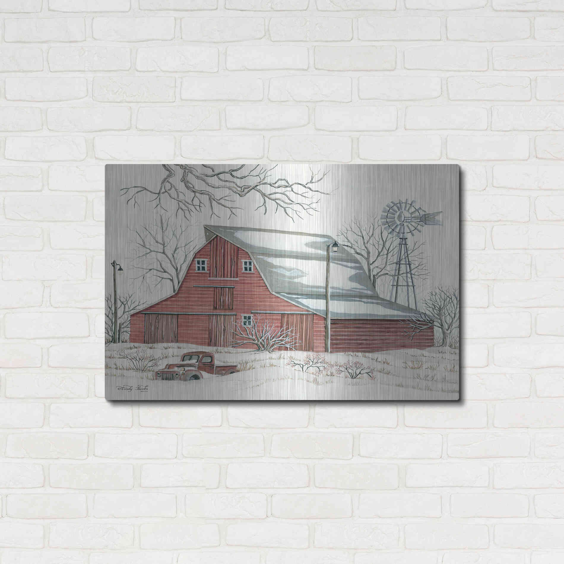 Luxe Metal Art 'Winter Barn with Pickup Truck' by Cindy Jacobs, Metal Wall Art,36x24