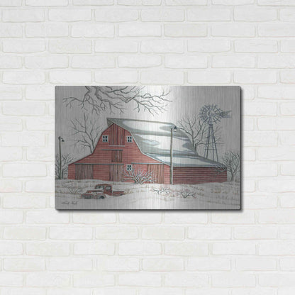Luxe Metal Art 'Winter Barn with Pickup Truck' by Cindy Jacobs, Metal Wall Art,36x24