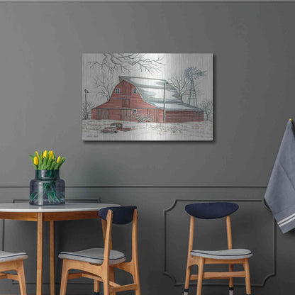 Luxe Metal Art 'Winter Barn with Pickup Truck' by Cindy Jacobs, Metal Wall Art,36x24