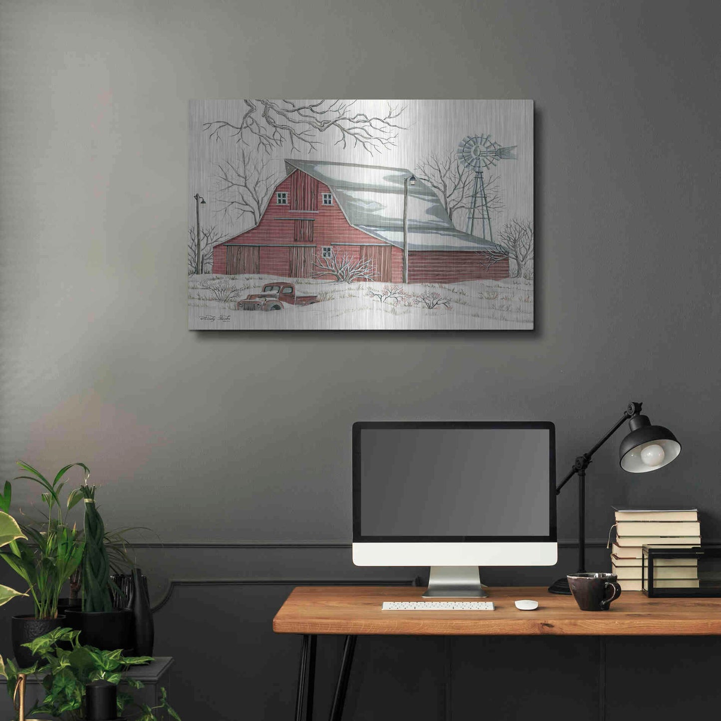 Luxe Metal Art 'Winter Barn with Pickup Truck' by Cindy Jacobs, Metal Wall Art,36x24