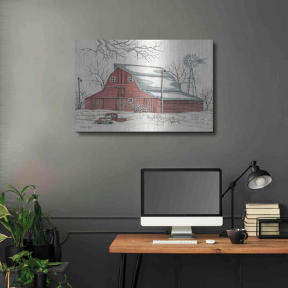 Luxe Metal Art 'Winter Barn with Pickup Truck' by Cindy Jacobs, Metal Wall Art,36x24