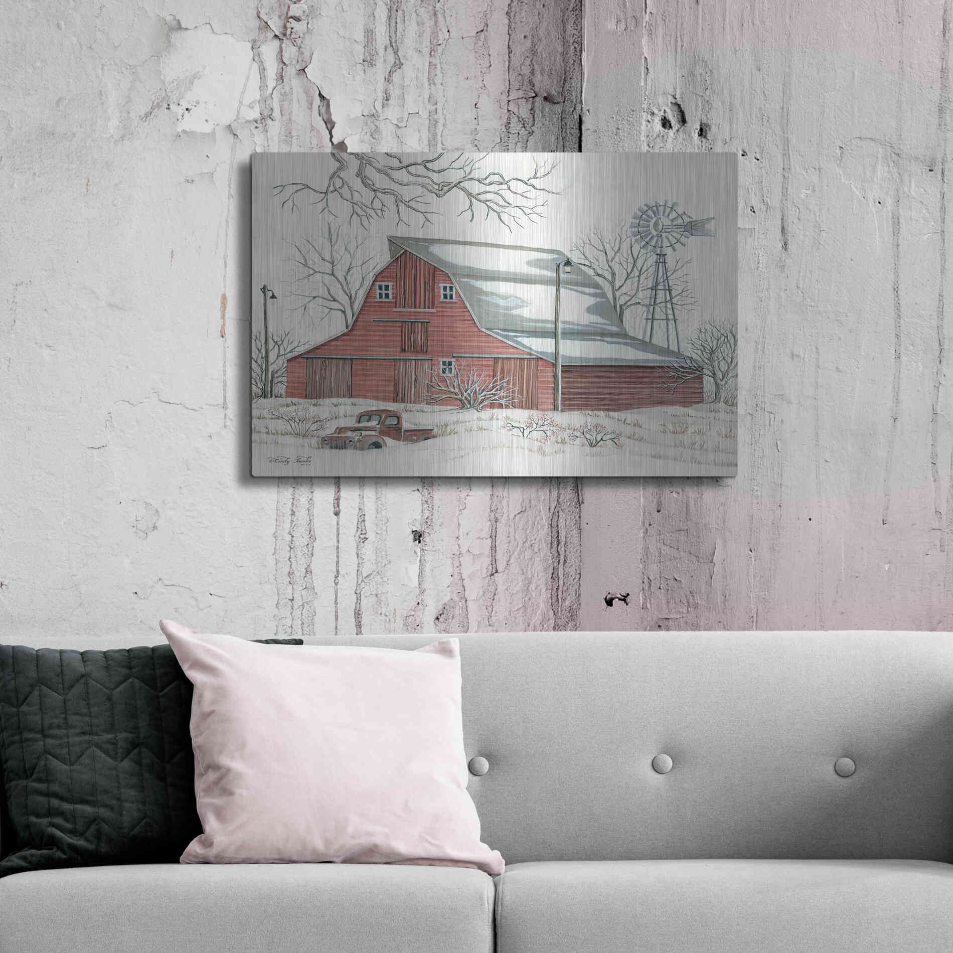 Luxe Metal Art 'Winter Barn with Pickup Truck' by Cindy Jacobs, Metal Wall Art,36x24
