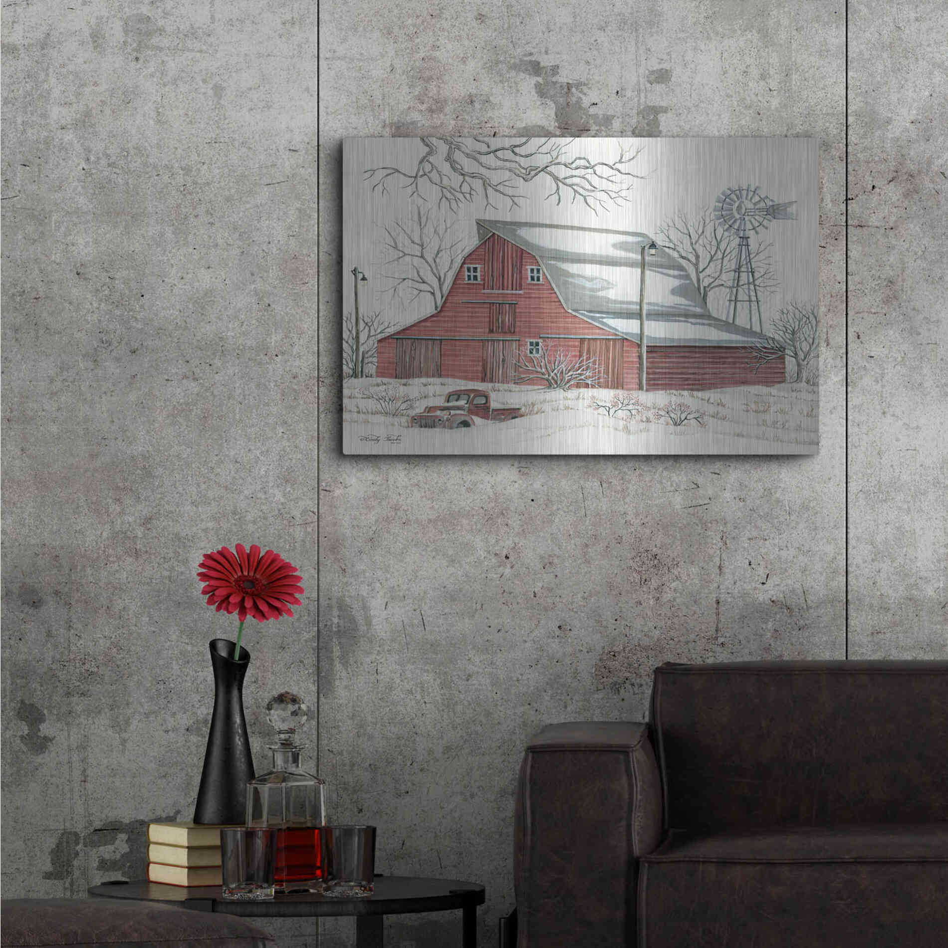 Luxe Metal Art 'Winter Barn with Pickup Truck' by Cindy Jacobs, Metal Wall Art,36x24
