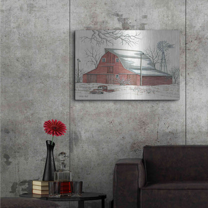Luxe Metal Art 'Winter Barn with Pickup Truck' by Cindy Jacobs, Metal Wall Art,36x24