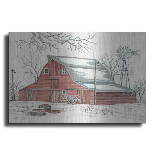Luxe Metal Art 'Winter Barn with Pickup Truck' by Cindy Jacobs, Metal Wall Art