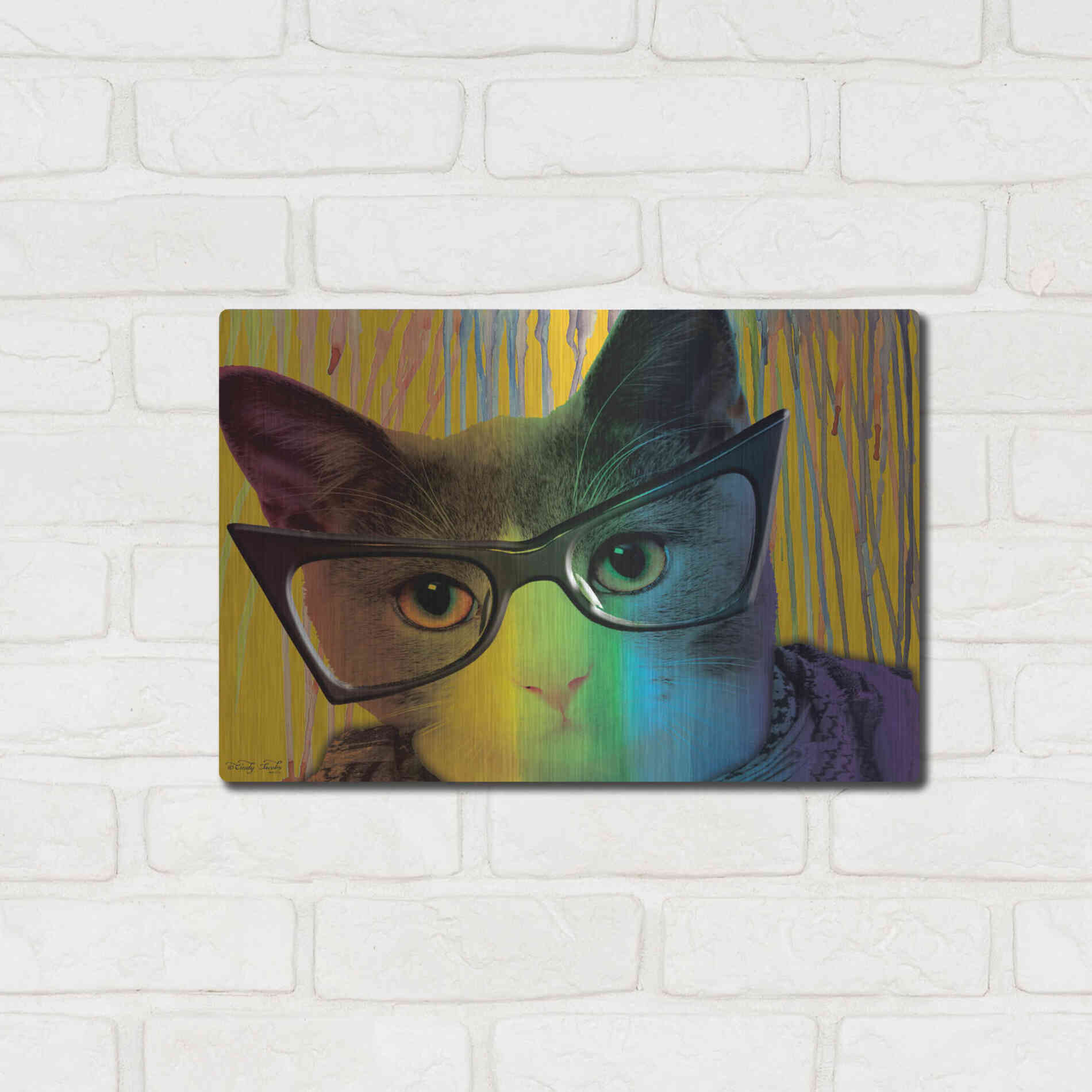 Luxe Metal Art 'Cat in Glasses' by Cindy Jacobs, Metal Wall Art,16x12