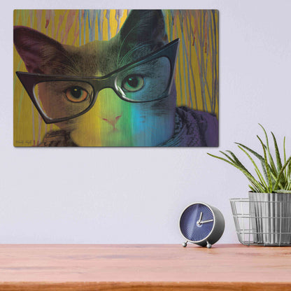 Luxe Metal Art 'Cat in Glasses' by Cindy Jacobs, Metal Wall Art,16x12