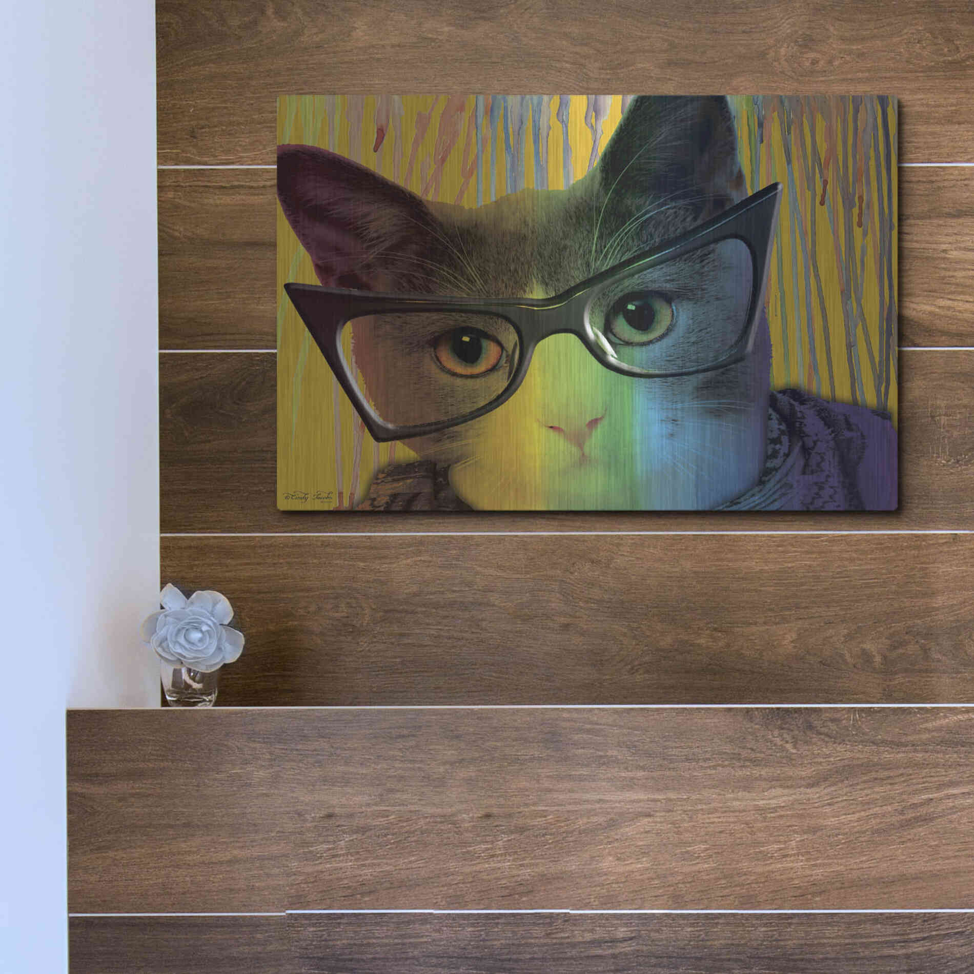 Luxe Metal Art 'Cat in Glasses' by Cindy Jacobs, Metal Wall Art,16x12