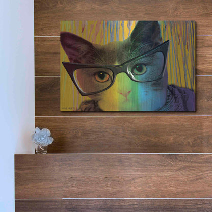 Luxe Metal Art 'Cat in Glasses' by Cindy Jacobs, Metal Wall Art,16x12