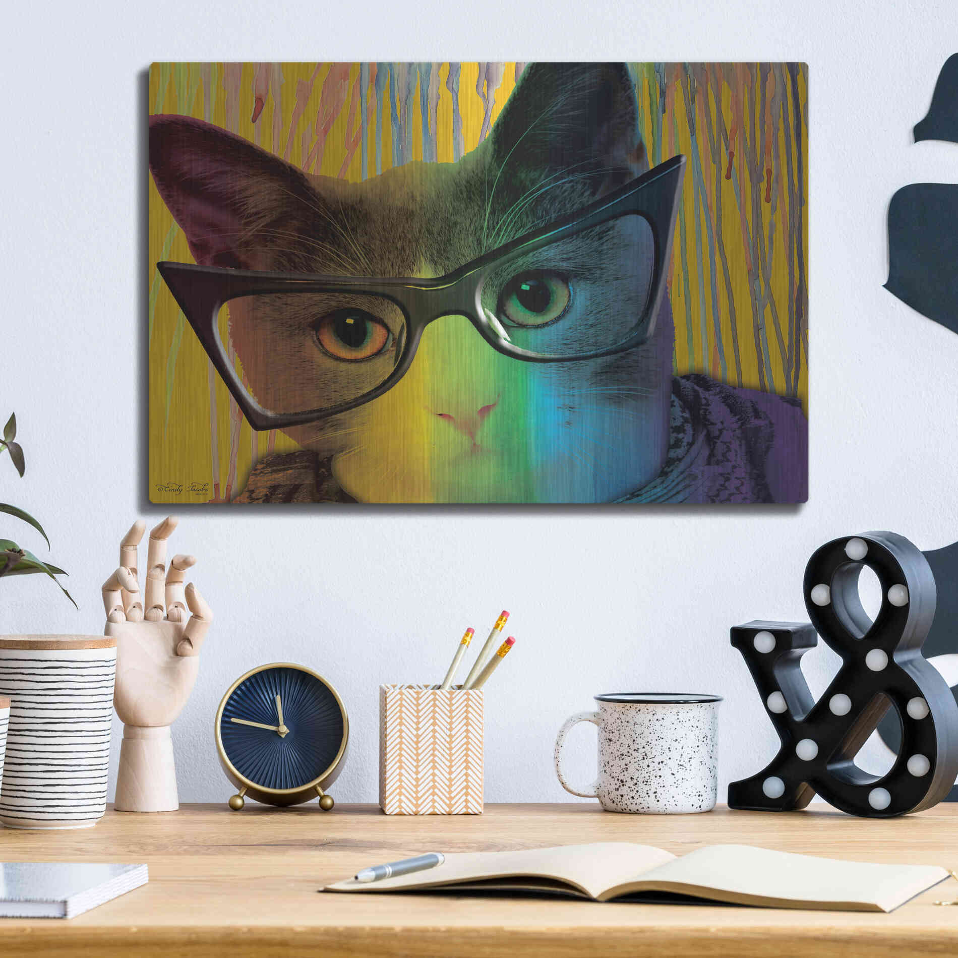Luxe Metal Art 'Cat in Glasses' by Cindy Jacobs, Metal Wall Art,16x12